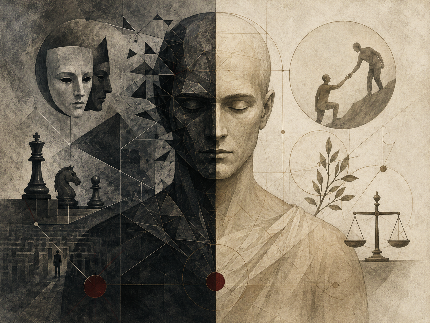 Institutional-style illustration of a central human figure divided between dark fractured geometric forms and lighter balanced symbolic forms, representing the tension between dark personality traits and virtue.