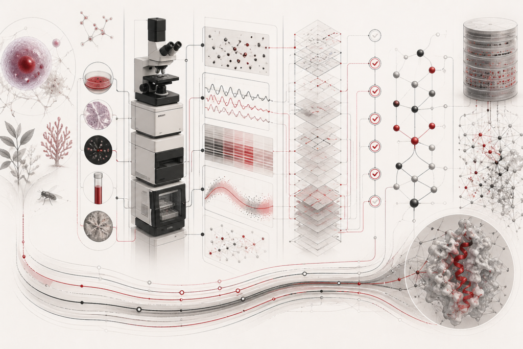 Abstract scientific illustration of data, measurement, and reproducibility in the life sciences showing laboratory samples, calibrated instruments, biological structures, measurement traces, metadata layers, quality-control checkpoints, provenance pathways, database forms, computational workflow nodes, and biological network patterns without text or labels.