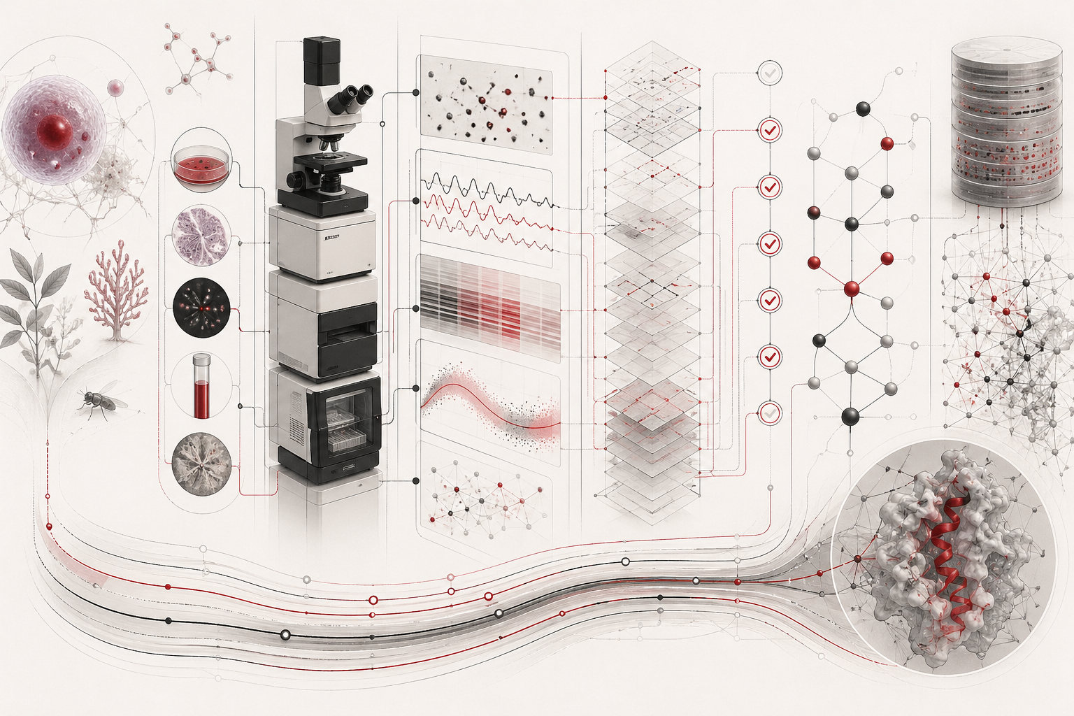 Abstract scientific illustration of data, measurement, and reproducibility in the life sciences showing laboratory samples, calibrated instruments, biological structures, measurement traces, metadata layers, quality-control checkpoints, provenance pathways, database forms, computational workflow nodes, and biological network patterns without text or labels.