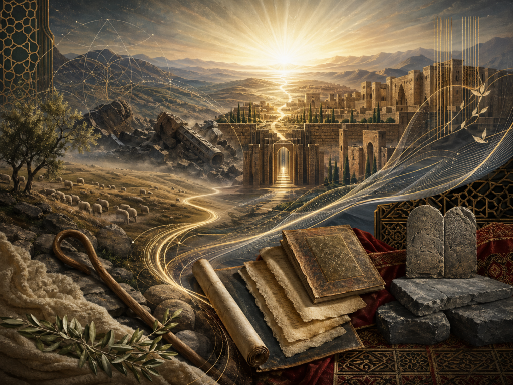Editorial illustration of David / Dawud, kingship, and sacred memory shown through a luminous path from shepherd-like terrain to royal architecture, manuscripts, stone forms, sacred song motifs, and radiant covenantal light.