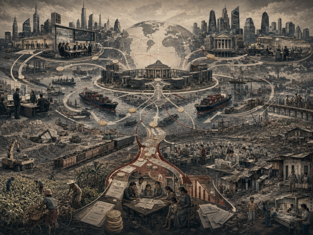Editorial illustration of global financial centers, banks, trade routes, ports, debt documents, mines, farms, factories, and vulnerable communities connected by flows of loans, capital, repayment, commodities, and policy influence.