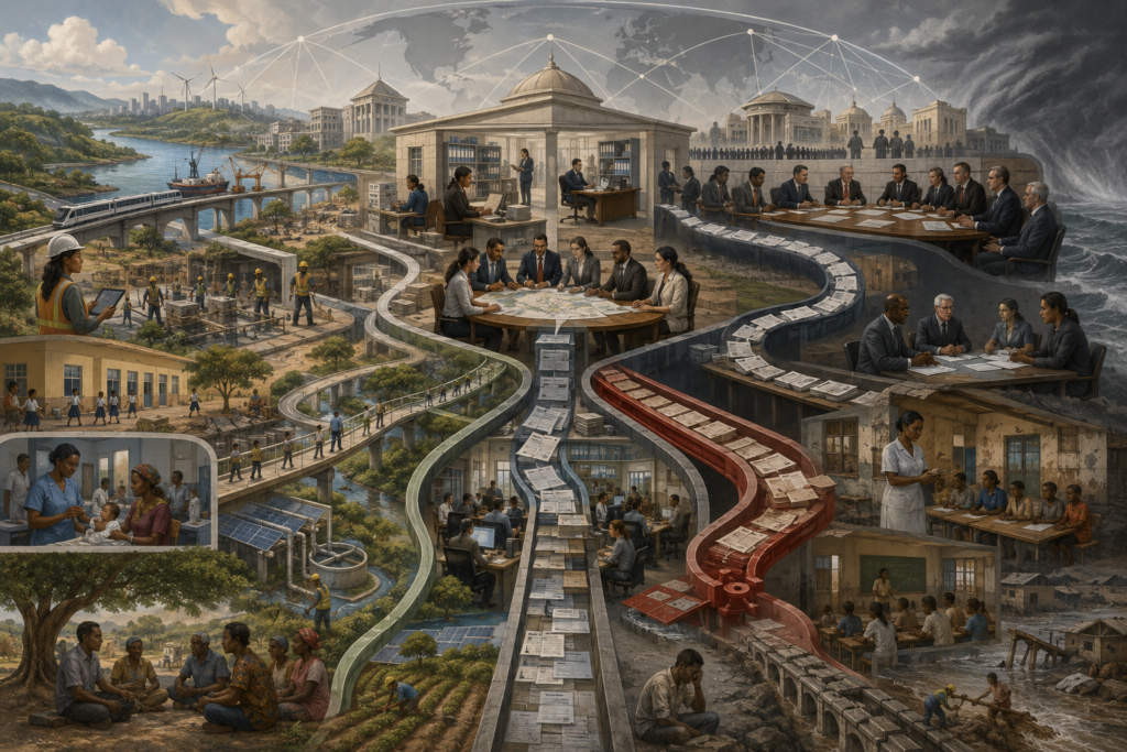 Editorial sustainability illustration showing public finance, debt service, fiscal space, infrastructure investment, social services, climate resilience, creditor negotiations, and unequal development constraints.