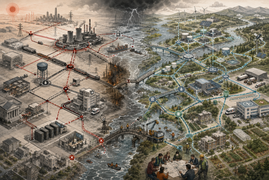 Editorial illustration contrasting a brittle, highly optimized infrastructure system with a more resilient network designed with redundancy, flexibility, modularity, and recovery capacity.