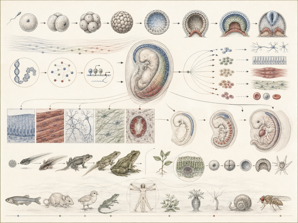 Research-grade developmental biology illustration showing fertilization, cell division, embryonic development, gastrulation, organ formation, tissue differentiation, gene regulation, cell lineages, metamorphosis, and comparative organismal development.