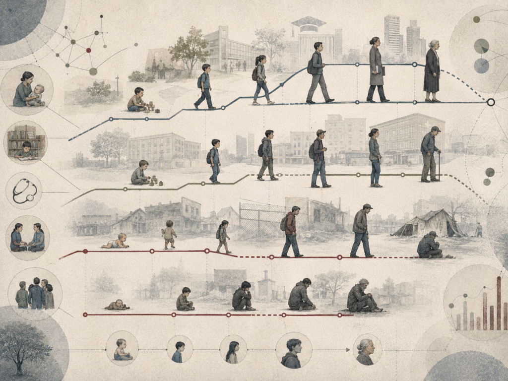 Abstract institutional illustration of unequal life-course pathways, showing parallel developmental timelines shaped by education, health care, family support, neighborhood conditions, and economic opportunity.