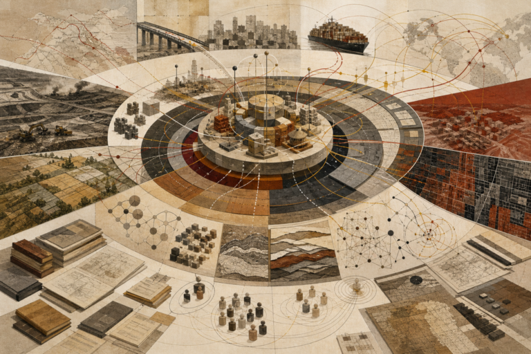 Editorial anthropological illustration showing abstract development systems with infrastructure corridors, migration flows, commodity pathways, urban expansion, extraction landscapes, research documents, and interconnected global transformation networks.
