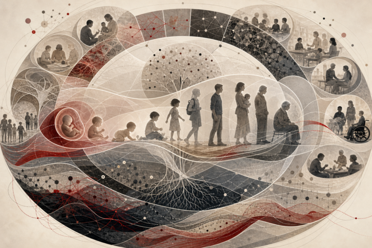 Editorial scientific illustration of developmental psychology as a lifespan systems architecture, showing prenatal life, infancy, childhood, adolescence, adulthood, aging, caregiving, education, disability inclusion, family systems, resilience pathways, and life-course development.