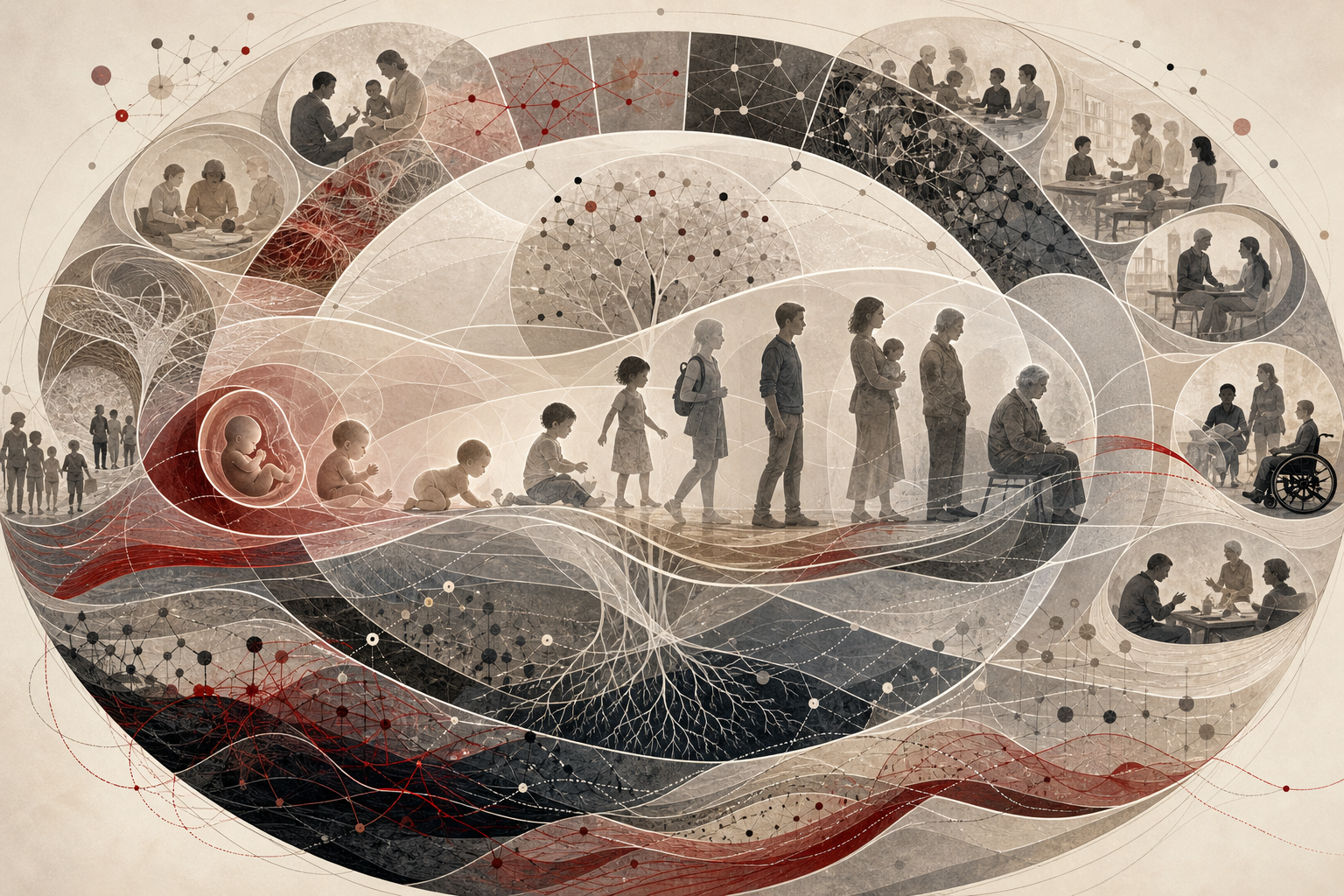 Editorial scientific illustration of developmental psychology as a lifespan systems architecture, showing prenatal life, infancy, childhood, adolescence, adulthood, aging, caregiving, education, disability inclusion, family systems, resilience pathways, and life-course development.