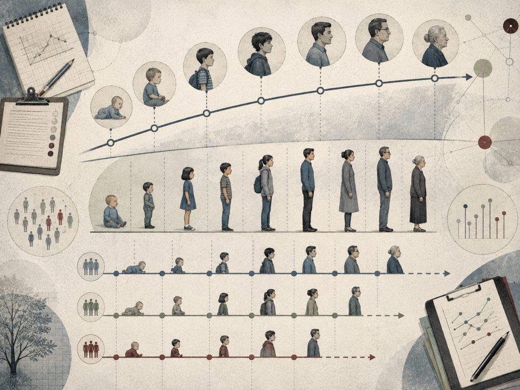 Abstract institutional illustration of developmental research methods, showing lifespan timelines, cohort comparisons, repeated observations, charts, and study records.