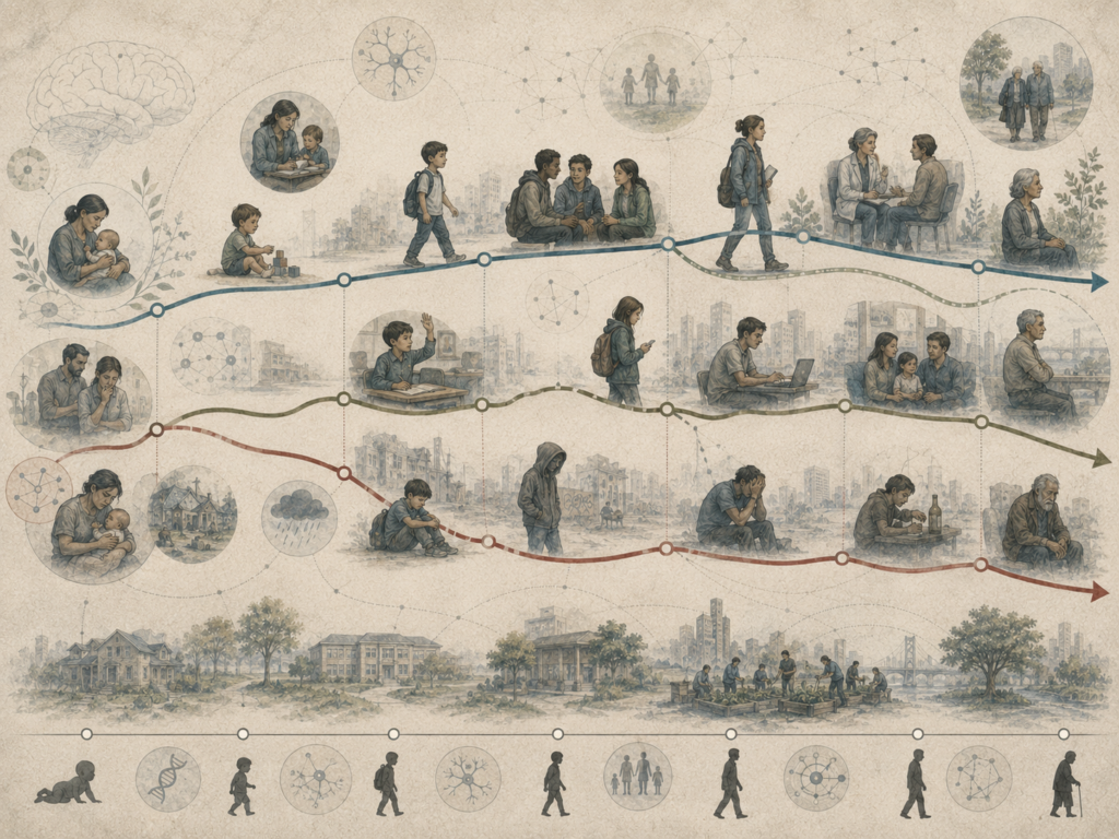 Abstract institutional illustration of developmental pathways shaped by risk, resilience, adaptation, family support, mental health care, education, and social context across the lifespan.