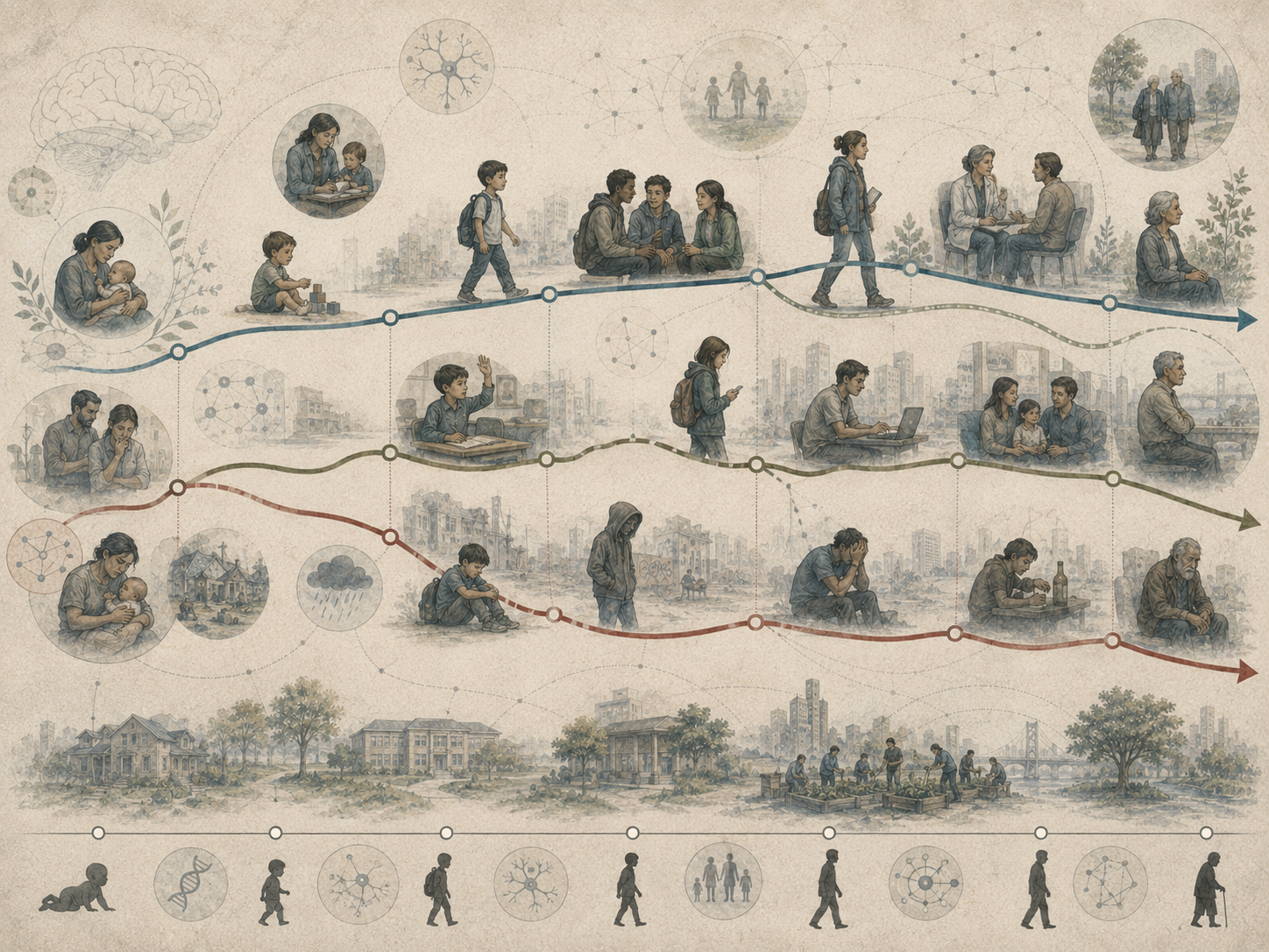 Abstract institutional illustration of developmental pathways shaped by risk, resilience, adaptation, family support, mental health care, education, and social context across the lifespan.