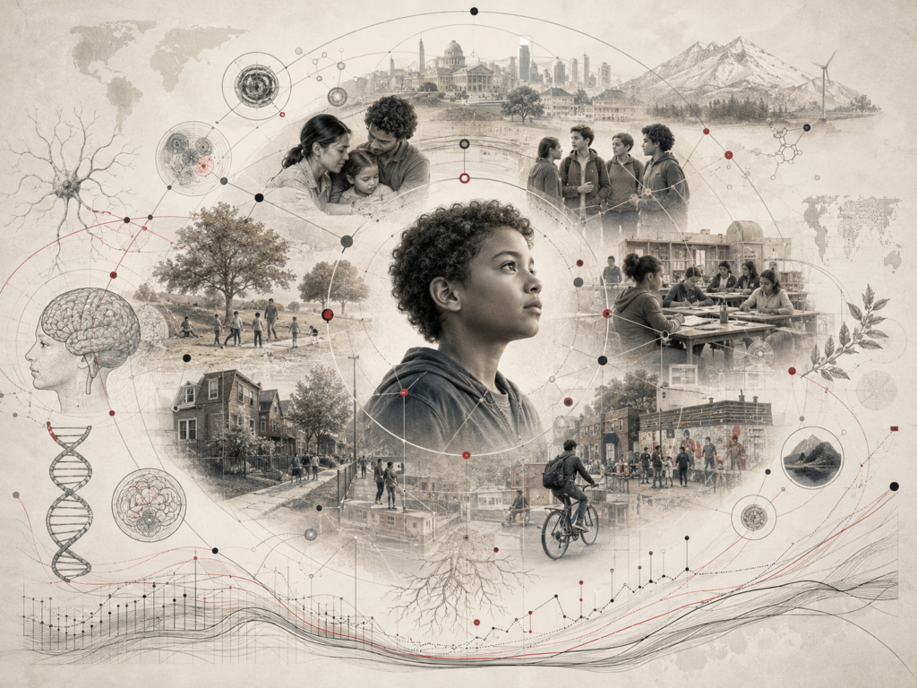 Research-grade illustration of developmental systems theory showing a child embedded within overlapping biological, family, peer, school, neighborhood, cultural, ecological, and institutional systems.