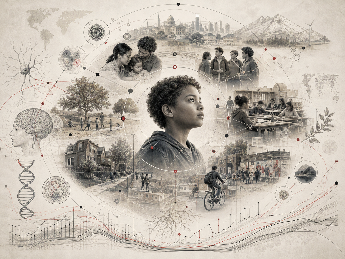 Research-grade illustration of developmental systems theory showing a child embedded within overlapping biological, family, peer, school, neighborhood, cultural, ecological, and institutional systems.