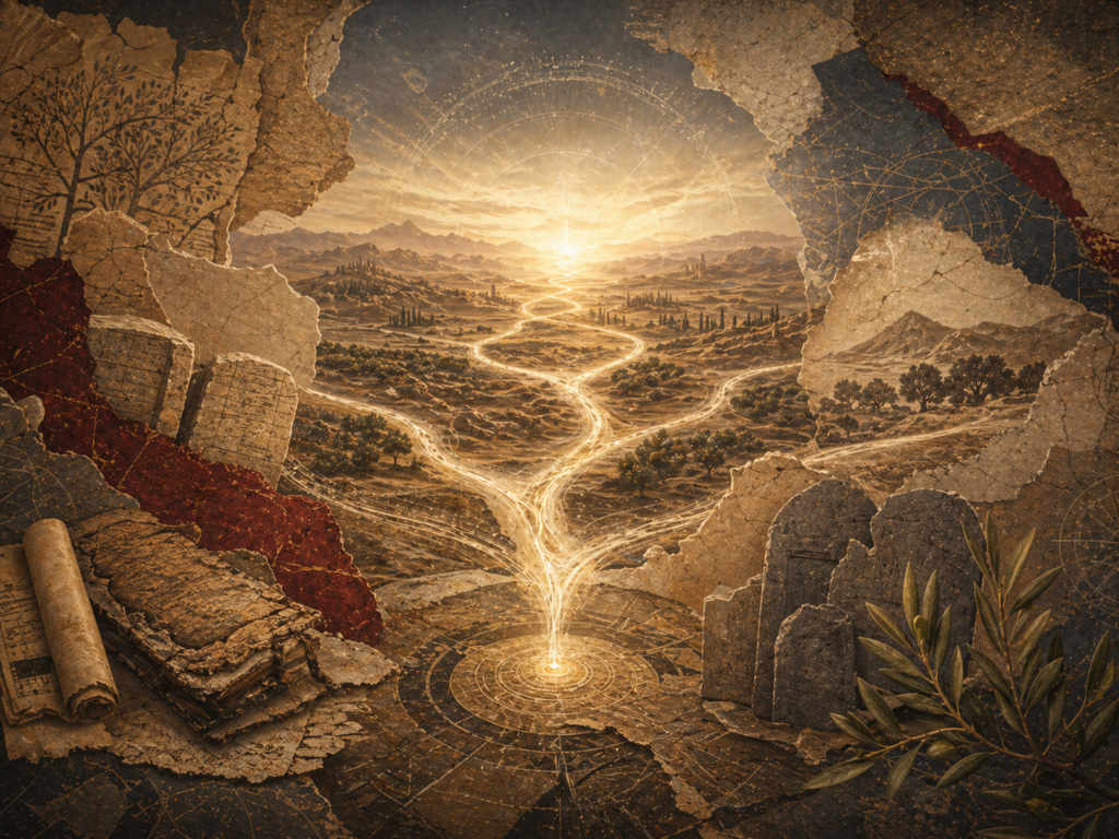 Editorial illustration of Dhu al-Kifl and the problem of identification shown without figures through branching sacred-history paths, veiled manuscript layers, stone tablets, desert horizons, olive leaves, and a partially hidden luminous center.