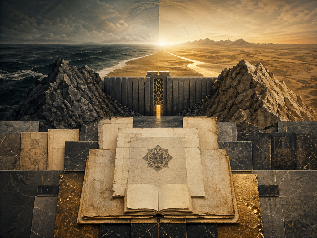 Non-figurative editorial illustration of blank parchment, an open codex, mountain thresholds, an iron-like barrier structure, luminous pathways, sea and desert horizons, and restrained sacred geometry representing Dhu al-Qarnayn, power, justice, and sacred geography.