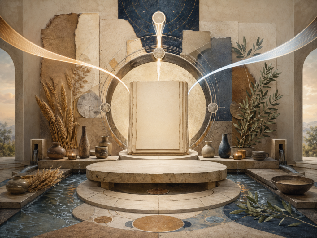 Non-figurative editorial illustration of blank manuscripts, grain, water channels, vessels, olive branches, luminous pathways, sacred geometry, and a restrained table-like stone form representing dietary law, fasting, and the sanctification of the body.