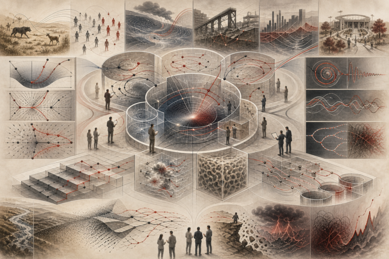 Editorial scientific illustration of differential equations for systems modeling as a dynamic-systems architecture, showing trajectory pathways, coupled feedback loops, equilibrium basins, stability fields, oscillation patterns, diffusion structures, ecological interaction, climate feedback, infrastructure stress, epidemiological pathways, public-policy systems, and responsible model interpretation.