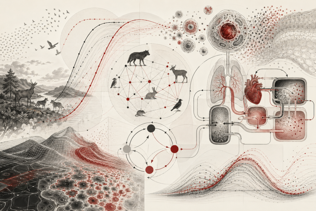 Abstract scientific illustration of differential equations in population and physiological modeling showing population trajectories, ecological networks, cells, physiological compartments, feedback loops, compartmental flows, reaction-diffusion patterns, and computational simulation without text or labels.
