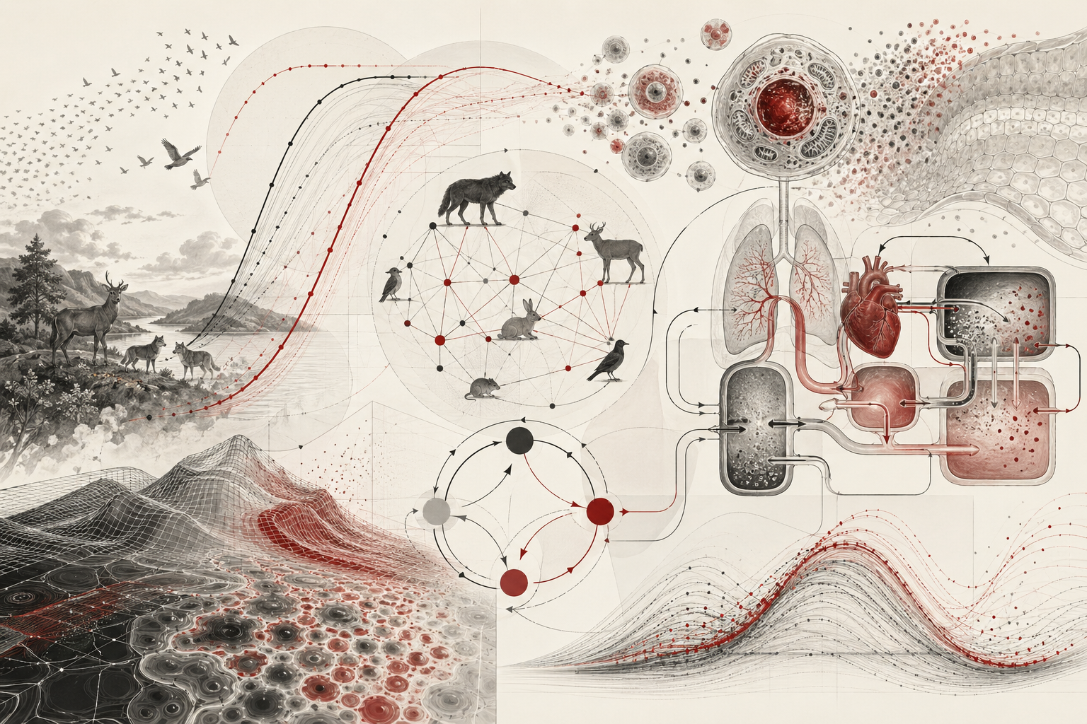 Abstract scientific illustration of differential equations in population and physiological modeling showing population trajectories, ecological networks, cells, physiological compartments, feedback loops, compartmental flows, reaction-diffusion patterns, and computational simulation without text or labels.