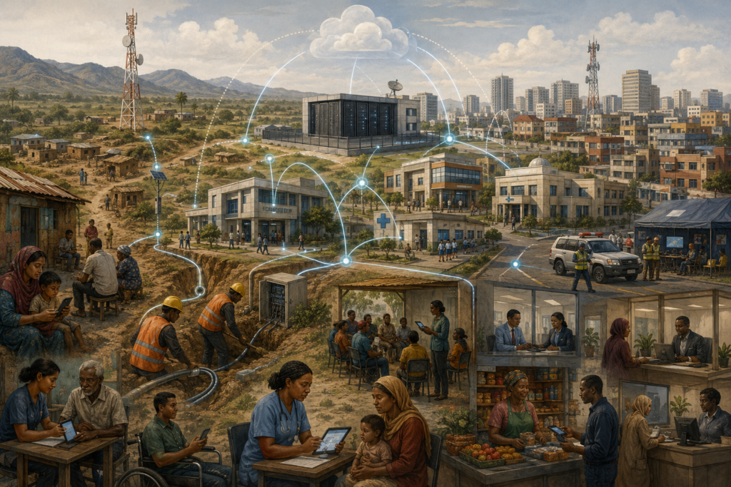 Editorial sustainability illustration showing digital infrastructure linking rural and urban communities, public services, data systems, digital identity, payments, connectivity, and institutional coordination.