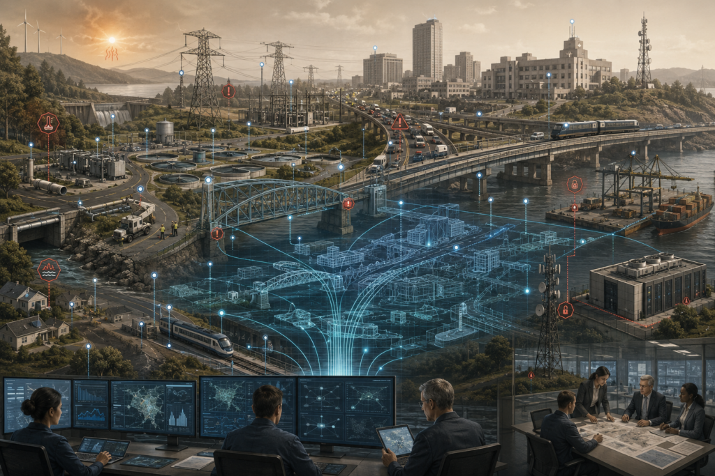 Editorial illustration of critical infrastructure linked to a digital twin system with sensors, data flows, monitoring screens, and planning teams supporting infrastructure resilience.