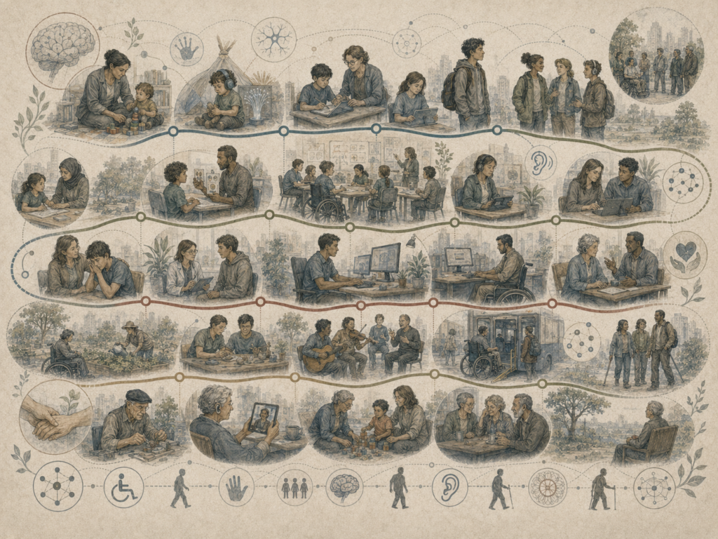 Abstract institutional illustration of disability, neurodivergence, and development across the life course, showing accessible environments, caregiving, education, communication, assistive technology, community participation, and support systems.