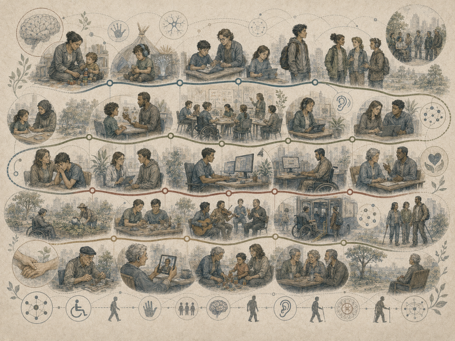 Abstract institutional illustration of disability, neurodivergence, and development across the life course, showing accessible environments, caregiving, education, communication, assistive technology, community participation, and support systems.