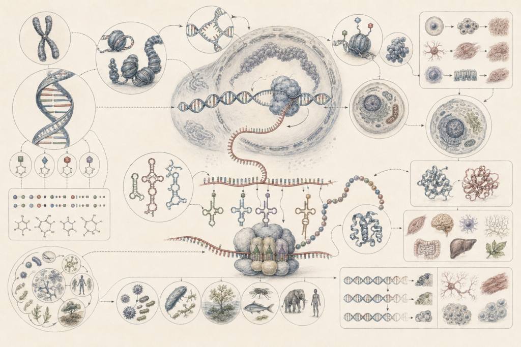 Research-grade molecular biology illustration showing DNA, RNA, chromosomes, chromatin, transcription, translation, ribosomes, transfer RNA, proteins, cells, tissues, organisms, and biological information flow across living systems.