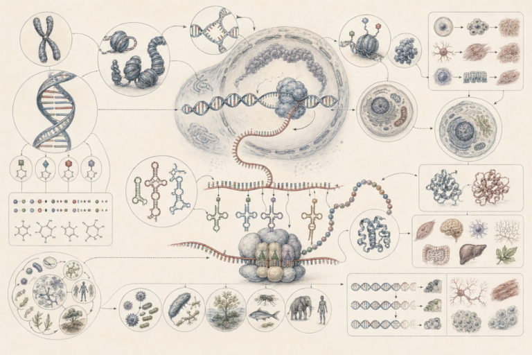 Research-grade molecular biology illustration showing DNA, RNA, chromosomes, chromatin, transcription, translation, ribosomes, transfer RNA, proteins, cells, tissues, organisms, and biological information flow across living systems.