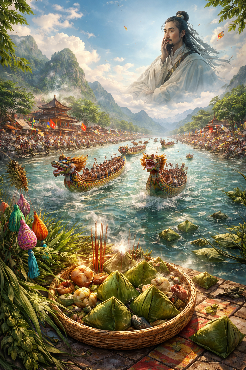 Traditional-style scene of the Dragon Boat Festival with dragon boats racing on a river, wrapped rice dumplings, protective herbs, incense, and the legendary memory of Qu Yuan overlooking the celebration