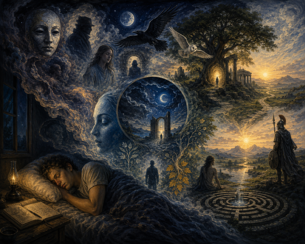 A sleeping figure rests beside open journals as a symbolic dreamscape unfolds with masks, birds, moonlight, portals, ruins, trees, shadow figures, and a labyrinth.