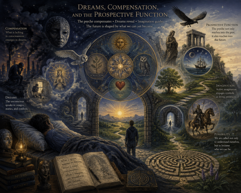 A sleeping figure enters a symbolic dreamscape divided between night and dawn, with masks, birds, portals, ruins, trees, a labyrinth, and a path toward possibility.