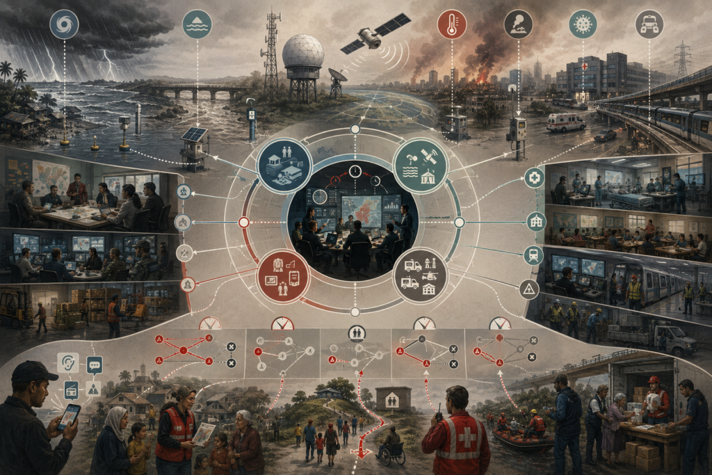 Editorial illustration showing an early warning system linking hazard monitoring, forecasting, communication, emergency operations, community response, and protective decision-making under stress.