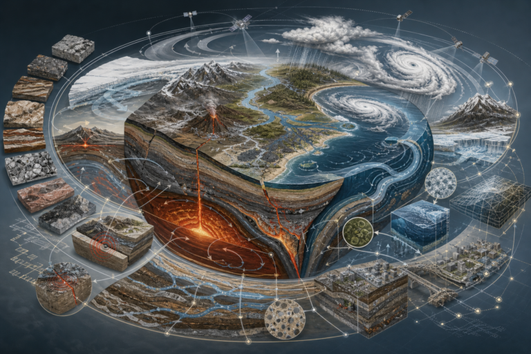 Scientific illustration of Earth Science showing a cross-sectioned planetary system with rock layers, tectonic plates, volcanoes, rivers, oceans, glaciers, atmosphere, storms, satellites, sensors, and interconnected Earth-system flows.