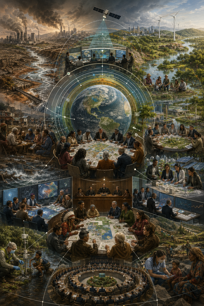 Editorial illustration showing Earth system governance through planetary boundaries, institutional coordination, law, science, justice, monitoring, and communities responding to ecological risk.