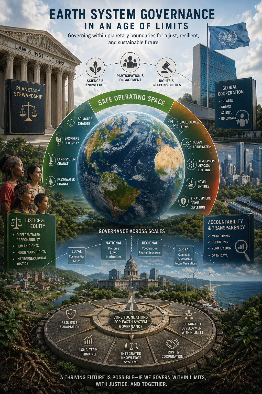 Conceptual infographic showing Earth surrounded by a safe operating space, with visual references to law, institutions, global cooperation, justice, equity, accountability, local-to-global governance, ecosystems, cities, renewable energy, and planetary stewardship.