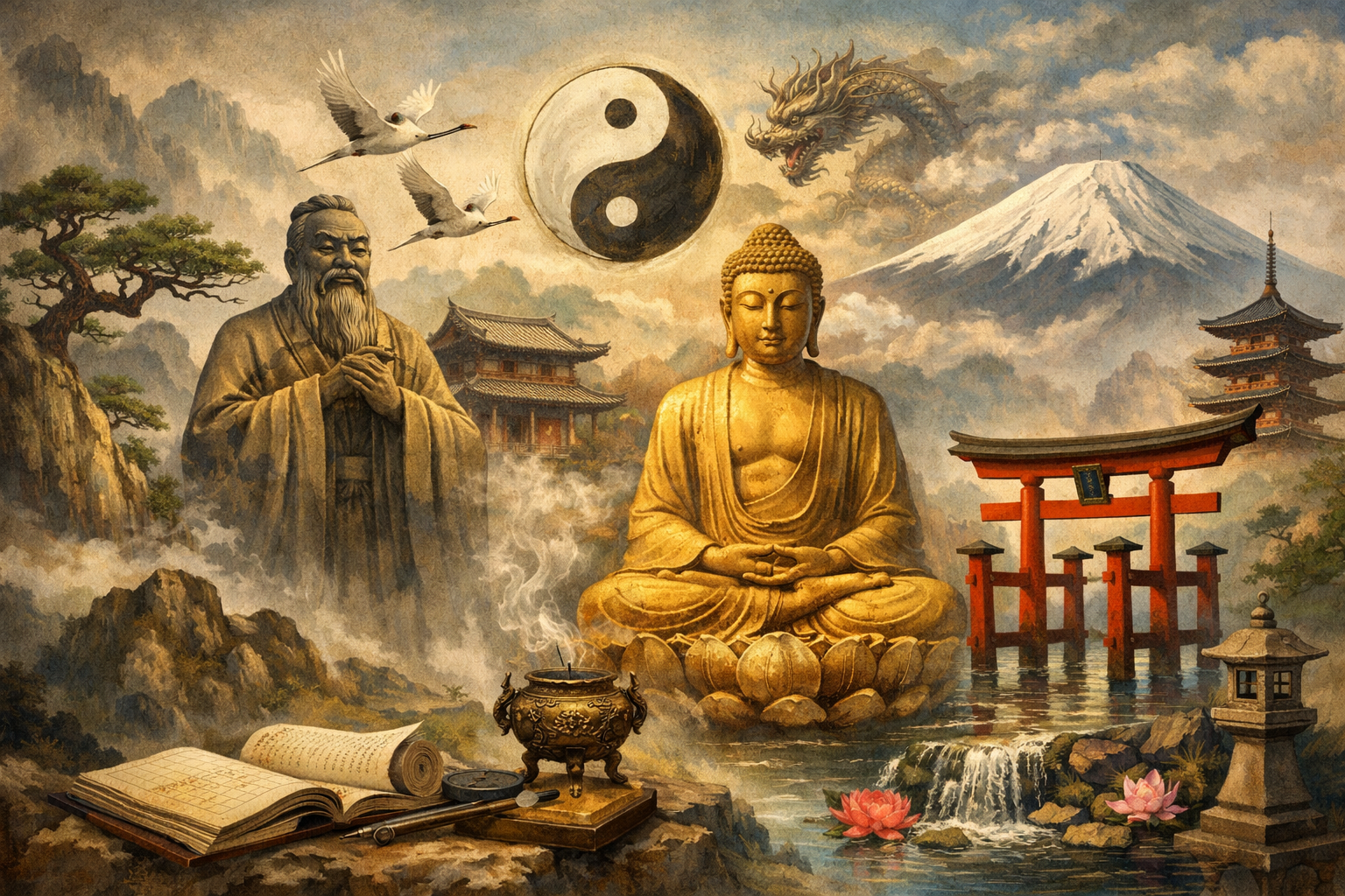 Symbolic East Asian scene featuring Confucian, Buddhist, Daoist, and Shinto imagery with temples, mountains, sacred texts, and ritual symbols.