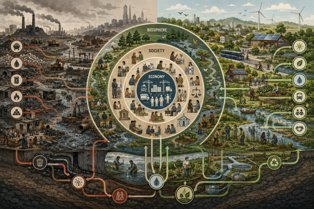 Editorial systems illustration showing the economy nested within society and the biosphere, with material throughput, ecological regeneration, care work, public institutions, commons governance, and sustainable systems.