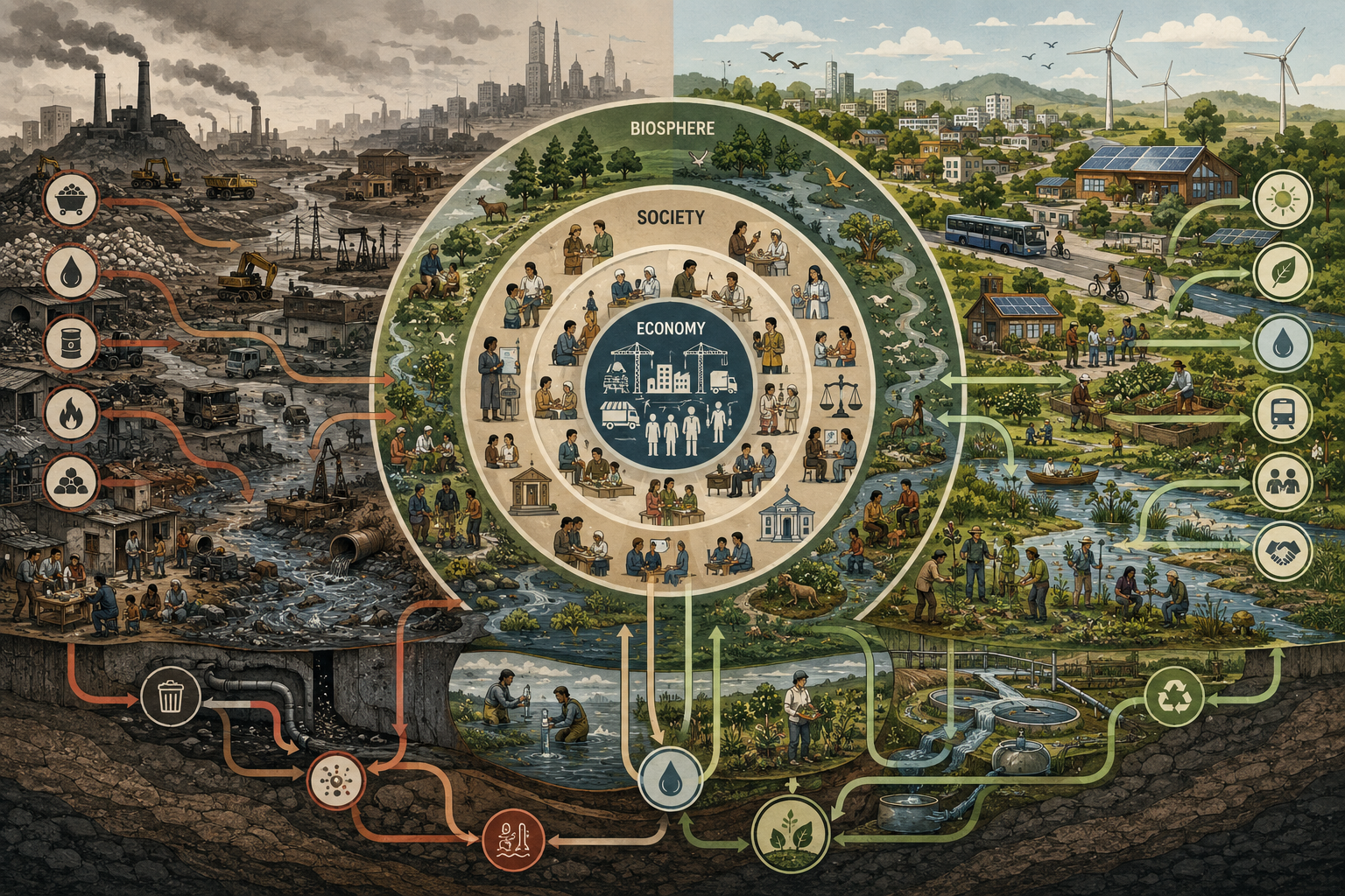 Editorial systems illustration showing the economy nested within society and the biosphere, with material throughput, ecological regeneration, care work, public institutions, commons governance, and sustainable systems.