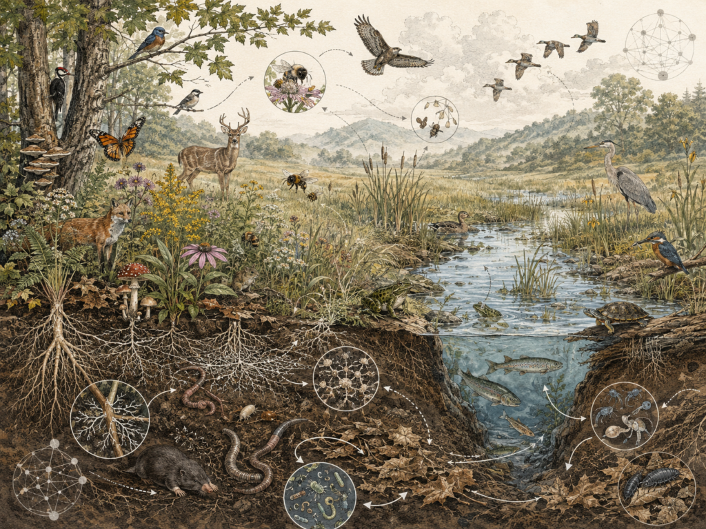 Research-grade ecological systems illustration showing forest, meadow, wetland, stream, soil, roots, fungi, insects, birds, mammals, amphibians, fish, pollinators, decomposers, and subtle ecological network diagrams.