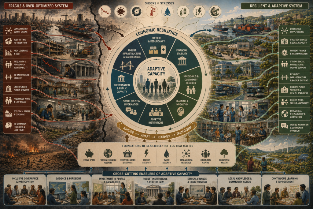 Editorial systems illustration showing economic resilience, fragility, adaptive capacity, shocks, buffers, redundancy, public institutions, supply chains, household security, infrastructure, finance, and ecological risk.