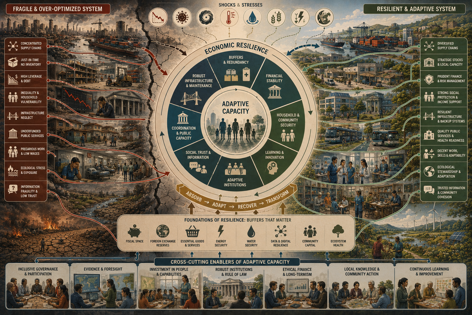 Editorial systems illustration showing economic resilience, fragility, adaptive capacity, shocks, buffers, redundancy, public institutions, supply chains, household security, infrastructure, finance, and ecological risk.