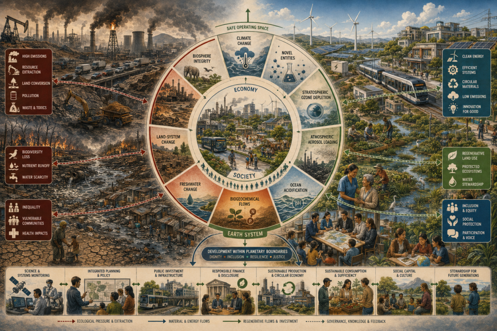Editorial systems illustration showing the economy nested within society and Earth-system limits, with planetary boundaries, safe operating space, overshoot, resource use, ecological pressure, and boundary-aware governance.