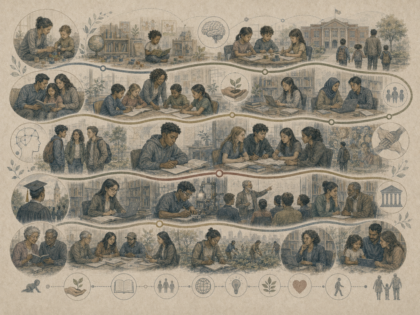 Abstract institutional illustration of education and developmental formation across the life course, showing classrooms, families, libraries, mentors, peer learning, civic institutions, and lifelong learning.