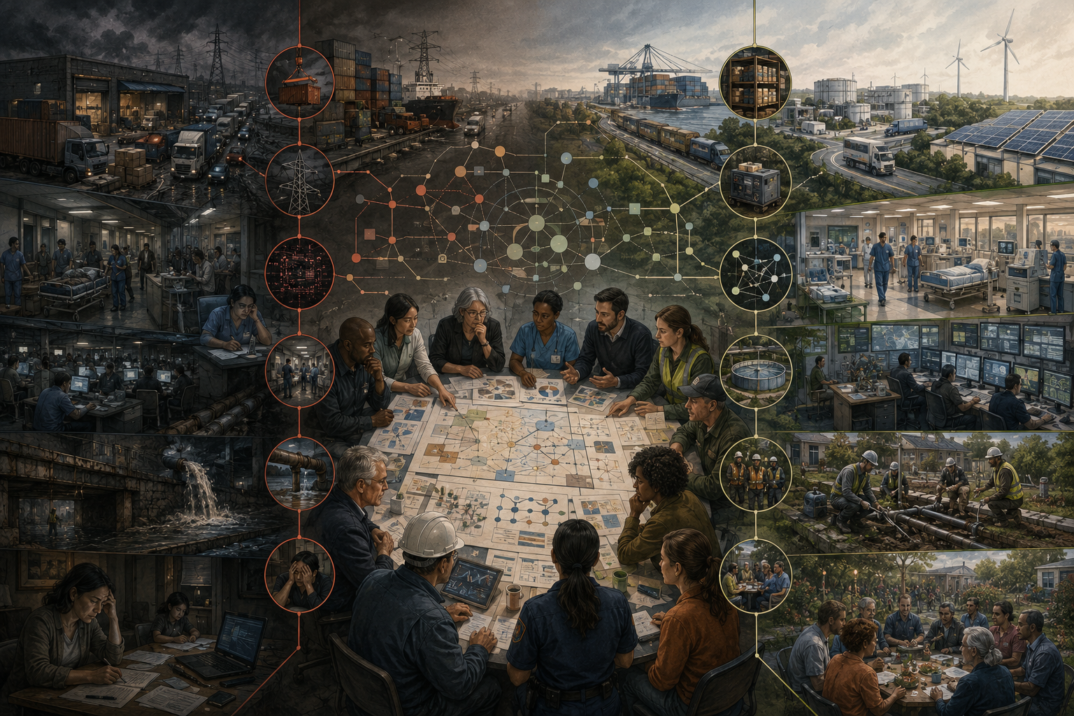 Editorial systems illustration contrasting a tightly optimized, fragile system with a resilient system built around slack, redundancy, modularity, repair capacity, backup pathways, and coordinated public planning.