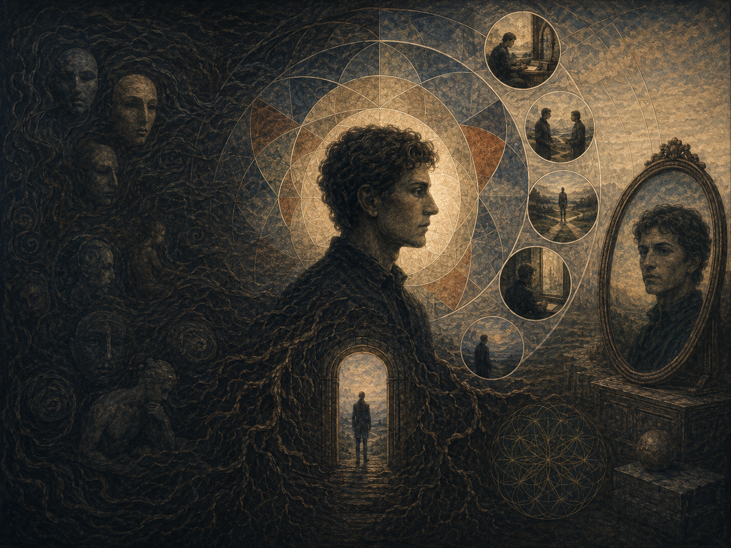 A central figure emerges from a shadowed unconscious field toward a mirror and mandala-like light, surrounded by masks, thresholds, memory scenes, and symbolic pathways.