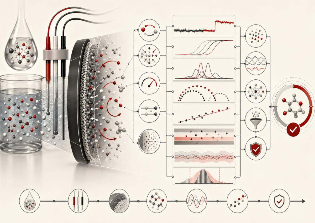 Abstract editorial scientific illustration showing electroanalytical chemistry as a sensor workflow connecting electrode interfaces, redox reactions, ion activity, electrical signals, calibration, drift, interference analysis, and validated chemical detection.