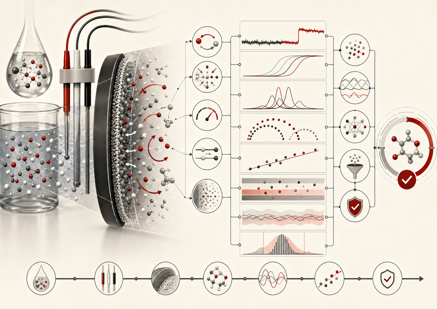 Abstract editorial scientific illustration showing electroanalytical chemistry as a sensor workflow connecting electrode interfaces, redox reactions, ion activity, electrical signals, calibration, drift, interference analysis, and validated chemical detection.