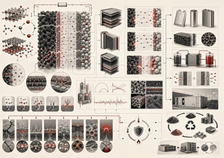 Abstract editorial scientific illustration showing electrochemistry as an energy-storage workflow connecting redox reactions, electrodes, electrolytes, ion transport, batteries, supercapacitors, fuel cells, degradation, safety, recycling, and circular design.