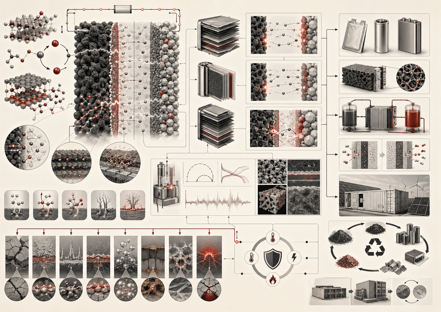 Abstract editorial scientific illustration showing electrochemistry as an energy-storage workflow connecting redox reactions, electrodes, electrolytes, ion transport, batteries, supercapacitors, fuel cells, degradation, safety, recycling, and circular design.